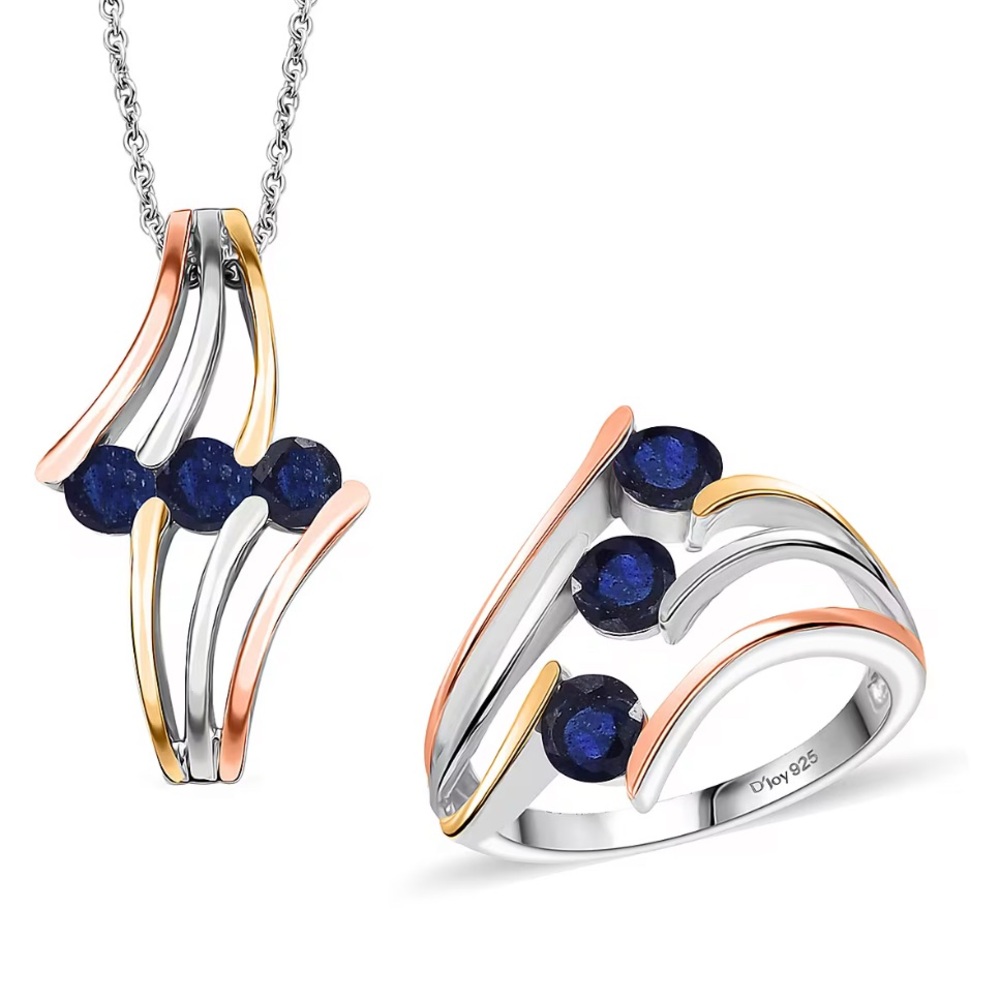 Masoala Sapphire 2.35ct 3 Stone Sterling Silver Ring and Pendant Necklace Set